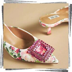 Pink Green & White Floral Aoi Jeweled Kitten Heels  (EU 37) Bibi Lou